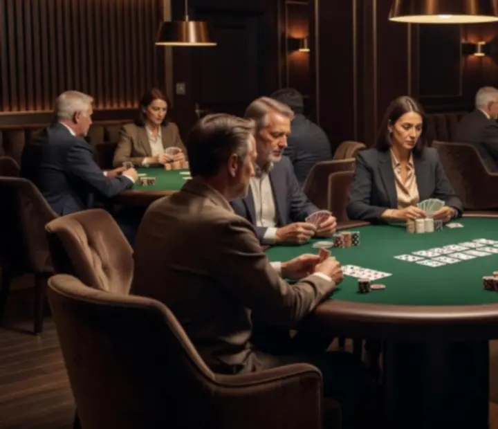 Hangulatos offline poker lounge card room, pokerasztalokkal és elegáns esti megvilágítással