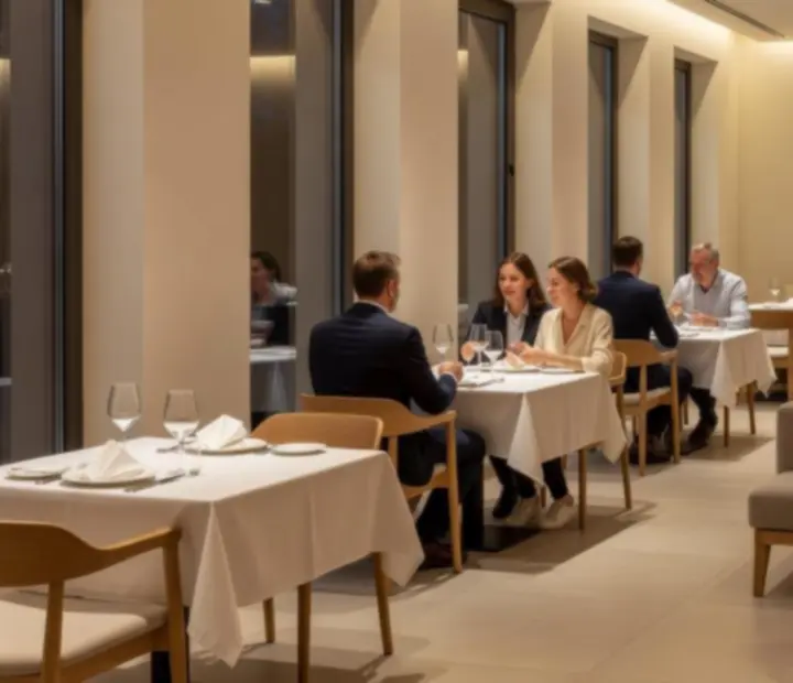 Taste Corner étterem világos, modern belső tere barátságos esti hangulattal