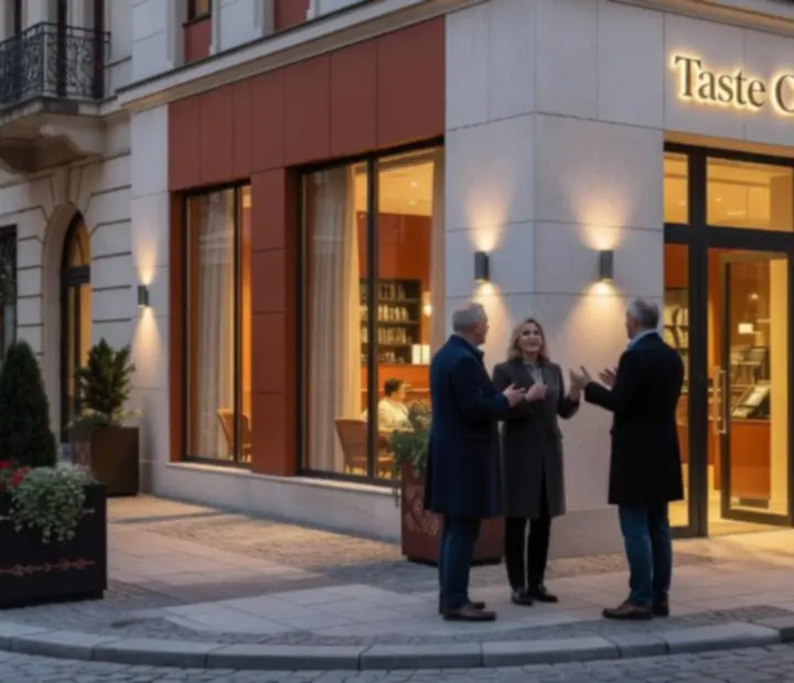 Taste Corner étterem külső nézet, hangulatos budapesti esti fényekkel